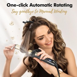 Rotating Curling Iron, 3 in 1 Automatic Curling Iron Set with Interchangeable Barrel 3/4, 1, 1 1/4 Inch, Instant Heat Dual Voltage Curling Wand for Lasting Beach Waves, Gold