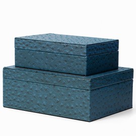 CHANG SONG Decorative Storage Boxes Set of 2 Faux Ostrich Leather Decorative Boxes with Lids Large Nesting Jewelry Boxes, Photo Memory Box Modern Home Decor