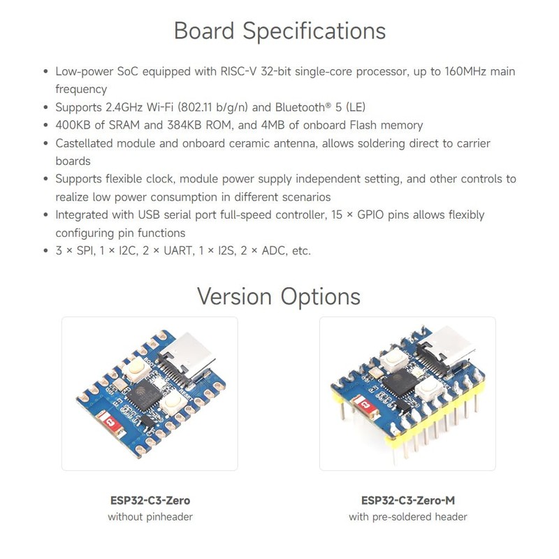 Waveshare ESP32-C3 Mini Development Board, Based On ESP32-C3FN4 Single-Core Processor,