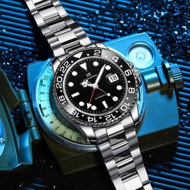 HAMAYOTA Men's Watch GMT Function Automatic Divers Watch Multicolor Ceramic Rotating Bezel, Black, Bracelet Type