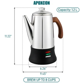 APOXCON Electric Coffee Percolator Stainless Steel Coffee Maker with Two Heat Resistant Glass Knob & Treated Solid Wood Handle Keep Warm Cordless Serve Elegant Design Coffee Pot On/OFF Switch 8 Cup