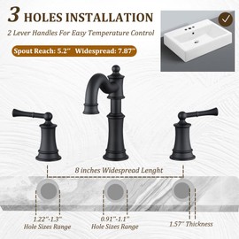 NAUKWAN Bathroom Sink Faucet, Matte Black Roman Stlye Rotated Spout Vanity Basin Faucets 3 Holes 2 Handles 8 inches Widespread Deck Mount Brass Faucet for Sink with Overflow Pop Up Drain NL2204-BK