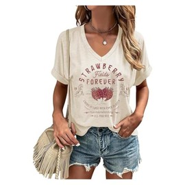 Women Rock Band T-Shirts Vintage Rock and Roll Country Music Shirt Funny Concert Outfit V-Neck Vacation Tops(Beige-4,M)