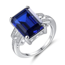 925 Sterling Silver CZ Simulated Sapphire / Emerald Ring for Women, Cubic Zirconia Emerald Cut Nano Blue / Green Gemstone S925 Palladium Plated Eternity Engagement Band Solitaire Fine Jewelry with Gift Box (7, blue sapphire)