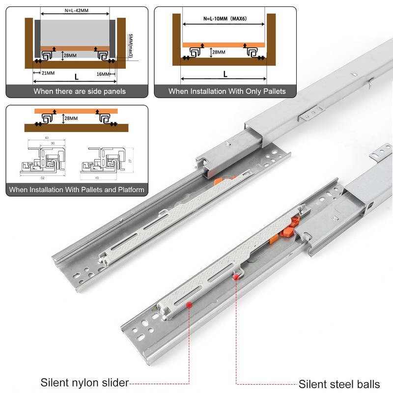 Underfloor Guides Floor Mounting Drawer Runners, 1 Pair 200 mm