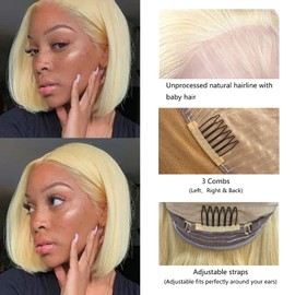 Blonde Hair Replacement Wigs,Middle Part Shoulder Length Lace Front Wigs 613 Human Hair Bob Wigs for White Women,13x4 14Inch Lace Bob Wigs Pre Plucked with baby hair 150% Density(Blonde,14Inch)