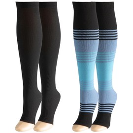 2 Pairs of Compression Stockings for Men and Women, 15-25 mmHg Compression Socks, Support Stockings for Varicose Veins, Edema, Flight Travel, Sports, Black+blue, L - XL