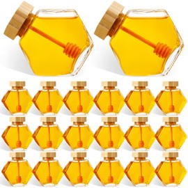 Sunnyray 20 Pcs 220 ml Glass Honey Jars with Dipper Hexagonal Clear Glass Dispenser Small Honey Containers Bottle with Wooden Dipper and Cork Lid for Home Storage Kitchen
