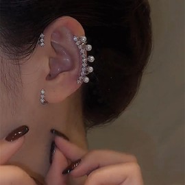 Vacaonio Boho Pearl Ear Cuff Earrings Pearl Ear Climber Earring Pearl Ear Crawler Earring Pearl Rhinestone Earring Silver Cz Ear Wrap Earring Jewelry for Women(Left)