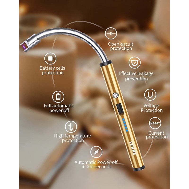 VEHHE Long Lighter, Rechargeable USB Arc Lighter with LED Battery