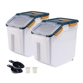 Mairuker 2 Pack 25lbs Rice Container with Wheels, Large Flour and Grain Storage Container with Lid, Measuring Cup and Scoop, Plastic Food Storage Bin for Kitchen Pantry (Dark Blue)