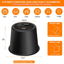 shouwuhho Bed Risers 4 inch, Heavy Duty Round Furniture Risers Lifts 4" for Table, Desk Leg, Sofa, Couch, Bed Frame Risers Supports Up to 6,000 Lbs, Black, 6 Pack