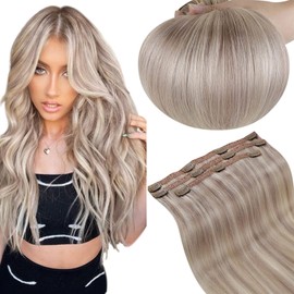 RUNATURE Real Hair Clip-In Extensions, Straight Hair Extensions, Clip-In Real Hair, Dark Ash Blonde with Platinum Blonde, 30 cm, #19AP60, 50 g