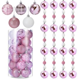 Liliful 30 Pcs 2.4 Inch Christmas Ball Ornaments and 79'' Glitter Candy Ball Garland Christmas Tree Hanging Decorations for Xmas Tree Indoor Outdoor Party Holiday Decoration(Pink and White)