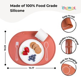 CHAMOS Silicone placemats for Toddlers - Montessori placemat for Round Table - Oval Kids placemats for Dining Table - Non Slip, Small, Educational placemats (Clay)