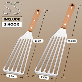Herogo Fish Spatula, 2 Pieces Stainless Steel Fish Turner with Wooden Handle, Metal Slotted Spatula Turner for Flipping, Frying and Grilling, Attached S-Hooks, Dishwasher Safe (27cm & 31.5cm)