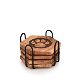 Mahasu Coaster Set Iron & Acacia Wood Set of 4 Wooden Paw Coaster with Iron Holder Stand Housewarming Gift Kitchen Décor (SET OF 4)