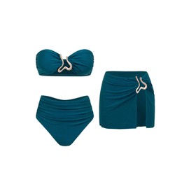 Floerns Women's 3 Piece Swimsuits Ruched Ring Linked Bandeau Bikini Set with Cover Up Skirt Teal Blue Small