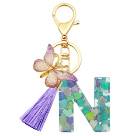 MTHKD Initial Letter Keychains for Girls Women Purple Butterfly Alphabet Keychain Backpack School Bag Keychain for Book Bag (Purple-green N)