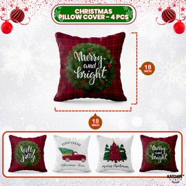 KatchOn, Merry Christmas Pillow Covers 18x18 Inch - Pack of 4 | Christmas Throw Pillow Covers for Plaid Christmas Decorations | Red Christmas Plaid Pillow Covers, Farmhouse Christmas Pillow Covers