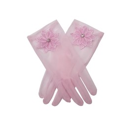 Women's Elegant Tulle Short Gloves Floral Diamond Tea Party Gloves for Opera Dinner Party Glove Pink