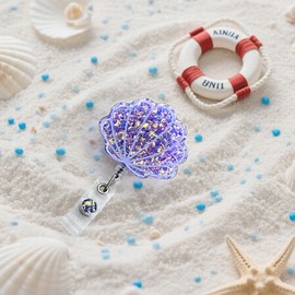 Sparkling Seashell Badge Reel, Summer Beach Shell Shaped Badge, with Retractable Cord and Swivel Alligator Clip, for Nurses Teachers Doctors Medical Assistants (Iridescent Purple)