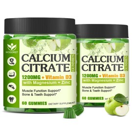 Calcium Citrate 1200mg Supplement with Vitamin D3 Gummies for Women & Men - Chewable Calcium Magnesium Zinc D3 K2 Supplement for Bone & Teeth Support, Vegan, Apple Flavor - 60 Gummies (2Pack)