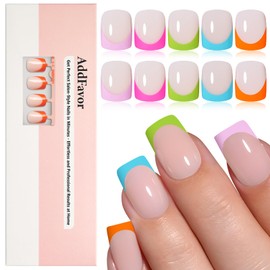 AddFavor French Tip Press on Nails Short Square Fake Nails - 150Pcs Bright Colored French Nail Tips Acrylic Glue on Nails Press on Nail with Nail Glue and Adhesive Tabs 15 Sizes