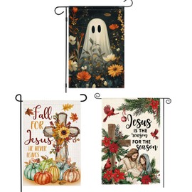 3 Pack Happy Halloween Thanksgiving Christmas Garden Flag12 x 18 inch Double Sided Outside decorations, Holiday Fall Pumpkin Ghost and Jesus Religious Cross Small Garden Flags For Outdoor Yard Lawn