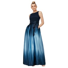 S.L. Fashions Women's Long Satin Mother of The Bride Dress with Pockets, Formal Party Gown, Navy/Wedgewood, 8