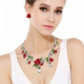 EVER FAITH Silver-Tone Rhinestone Crystal Gorgeous Red Rose Flower Green Leaf Necklace Earrings Set Clear