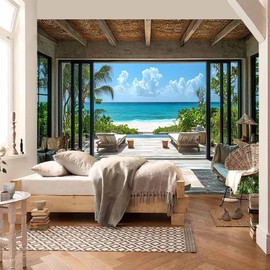 FENDROM Beach Decor Tapestry Ocean Sea Tropical Island Palm Tree Scenic View From Window Blue Sky,White Clouds Summer Tropical Scenery Wall Hanging Nature Tapestries For Bedroom Living Room Dorm