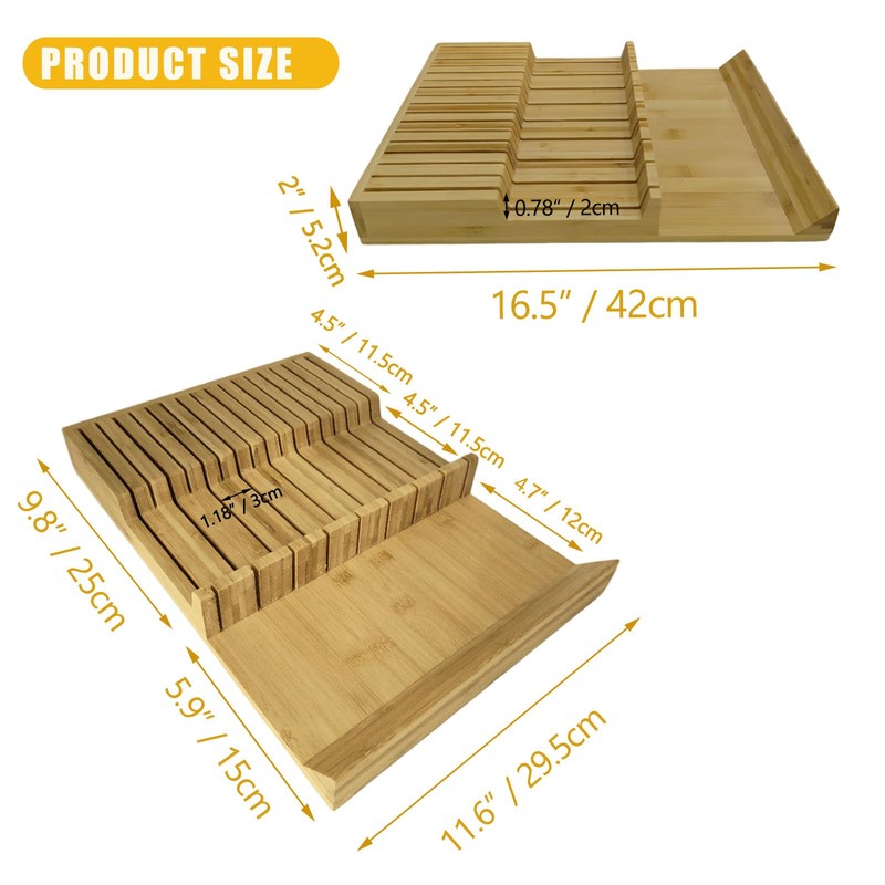 MIAO YUAN Bamboo In-Drawer Knife Block, 17 Slot Large Capacity