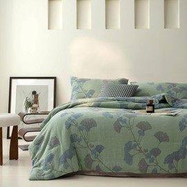 Purefair 100% Cotton Muslin Jacquard Comforter Set, Floral Ginkgo Leaves Print, Soft Lightweight Reversible 3 Piece Bedding Sets for All Season, Green Blue, Full/Queen(90"x90")