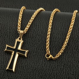 HZMAN Mens Stainless Steel Cross Pendant Necklace with Wheat Chain, Stainless Steel, No Gemstone