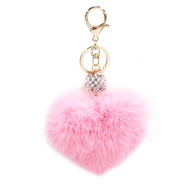 Sqzrpomddy Heart Keychain, Keychain, Cute, Fluffy, Keyring, Hanging Bag, Cute Backpack, Pom Pom, Pendant, Faux Fur Accessory, light pink, 10 cm