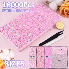 16000Pcs Resin Jelly Rhinestones with Tweezers for Crafting, Light Pink AB Non Hotfix Flatback Gems, Bedazzling Crystal with 3Pcs 10ml B7000 Jewelry Glue for DIY Crafts Clothing Tumblers Shoes Fabric