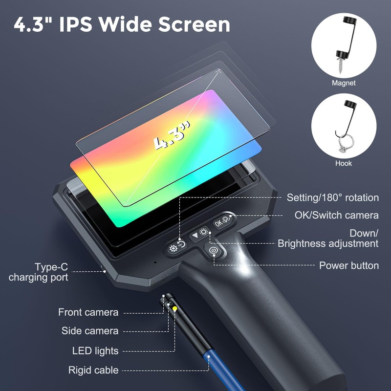 TURNRISE 3.5m Endoscope with 4.3 Inch Screen and Dual Cameras