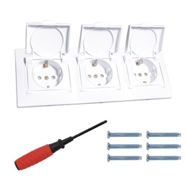 BouGPeng 3-Way Socket Flush-Mounted 16 A 250 V Flush-Mounted Protective Contact Socket with Hinged Lid Including Frame for Wet Rooms and Outdoor Use Kitchen Increased Touch Protection White