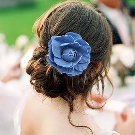 TseenYi Camellia Flower Hairclip Headpiece Fabric Blue Flower Hair Clip Blue Floral Clip Boho Flower Hairpin Brooch Bridal Wedding Headpiece Head Clip Two Way Jewelry for Women