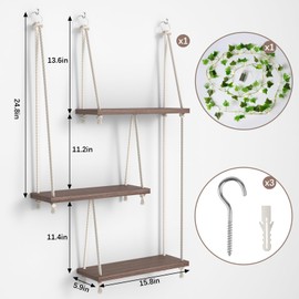 REFGY Hanging Shelves for Wall with Vine Lights, 3 Tier Rope Wall Hanging Plant Shelf, Boho Wall Decor Aesthetic for Succulents, Bedroom, Living Room, Bathroom (Rustic Brown)