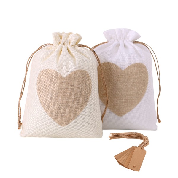 FILIFALA 20pcs Large Heart Burlap Gift Bags with Drawstring,8 x 12 inch Gift Pouches Jute Cloth Favor Pouch with Tags and Ropes for Wedding Baby Shower Party Christmas Valentine's Day Birthday Packing