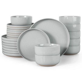 HaWare Stoneware Dinnerware Sets, 24-Piece Plates and Bowls Set for 8, Dishes Set for Home Restaurant, Speckled Misty Grey