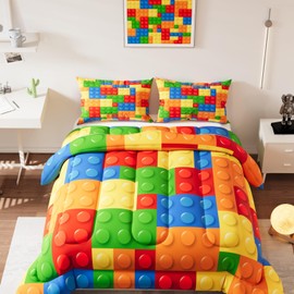 Namoxpa Building Blocks Comforter Set, Colorful Theme 3D Pattern for Kids Teens Adults,Decorative Bedding Comforter Sets with 2 Pillow Shams, Twin Size