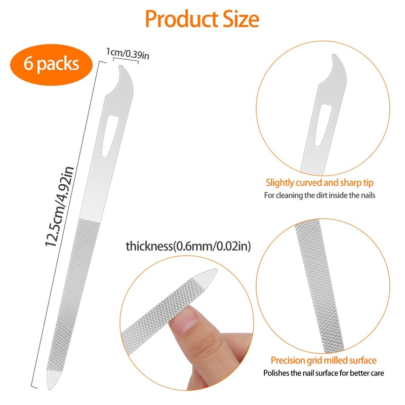 6-Piece Stainless Steel Nail File Set with Cleaner Tip -