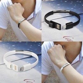 Yumilok Silicone Bracelet Mirco USB Cable Charging Cable Wristband Data Sync Cable für Android-Smartphones and Tablets, 2 Pack(Black, White)