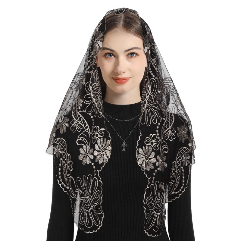 Bozidol Mantilla Triangular Embroidered Virgin Mary Sunflower Veil - Black