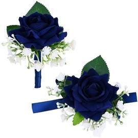 MAFELOE Wrist Corsage and Boutonniere Set for Prom Homecoming Wedding Party Celebration Artificial Flowers Accessories Suit Decor 2 Pieces-Navy Blue+White