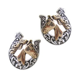 Fashion Jewelry ~ Large Two-tone Horse and Horseshoe Stud Earrings for Women Casual (QE-6297SBGB)