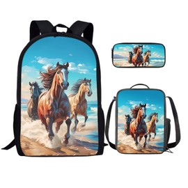 Ystardream Blue Seaside Horse Backpack for Girls Kids Backpack with Lunch Box Pencil Case Elementary Primary Schoolbag Book Bag Set 3 In 1 Back to School Supplies